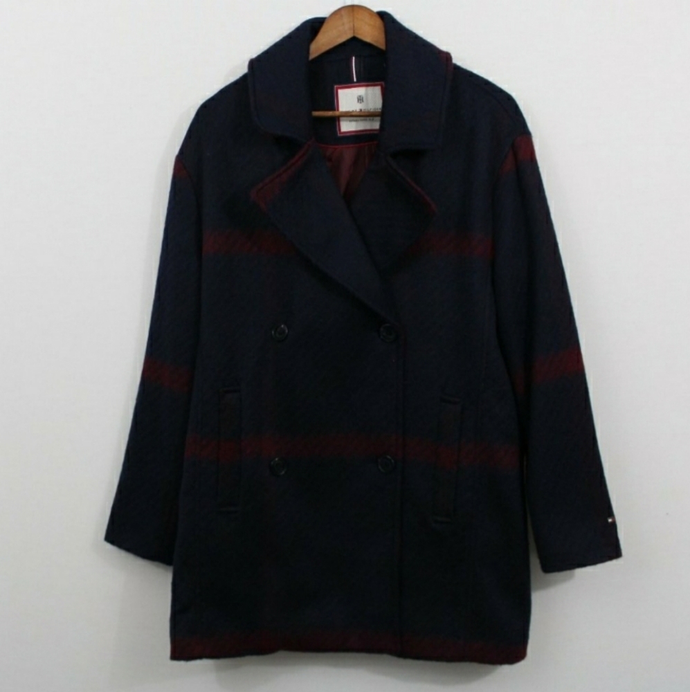 Tommy Hilfiger Navy Blue & Red Plaid Wool Coat Oversized Fit